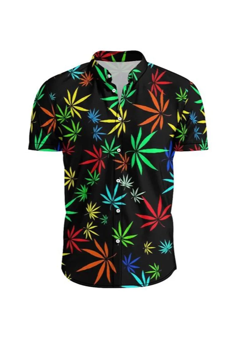 Green Weed Leaf 3D Shirt Hawaiian Shirt Men's Summer Cool Short Sleeved Top 2024 Loose Plus Size Flip Collar Button Street Wear