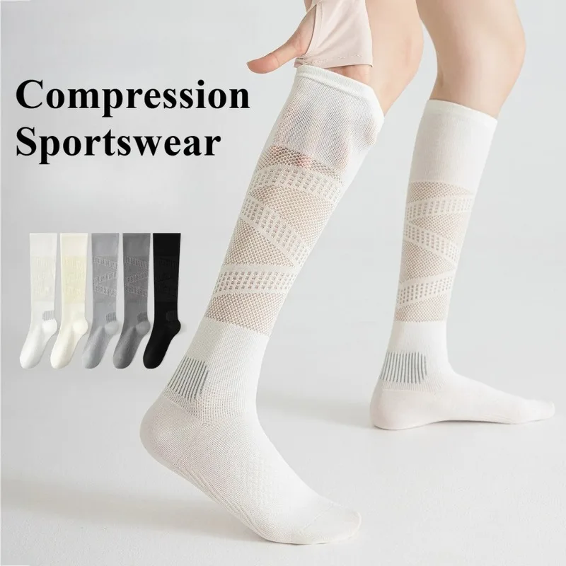 Women Micro Pressure Sports Calf Socks Summer Thin Breathable Hollow Out Mesh Knee High Compression Socks for Running Daily Wear
