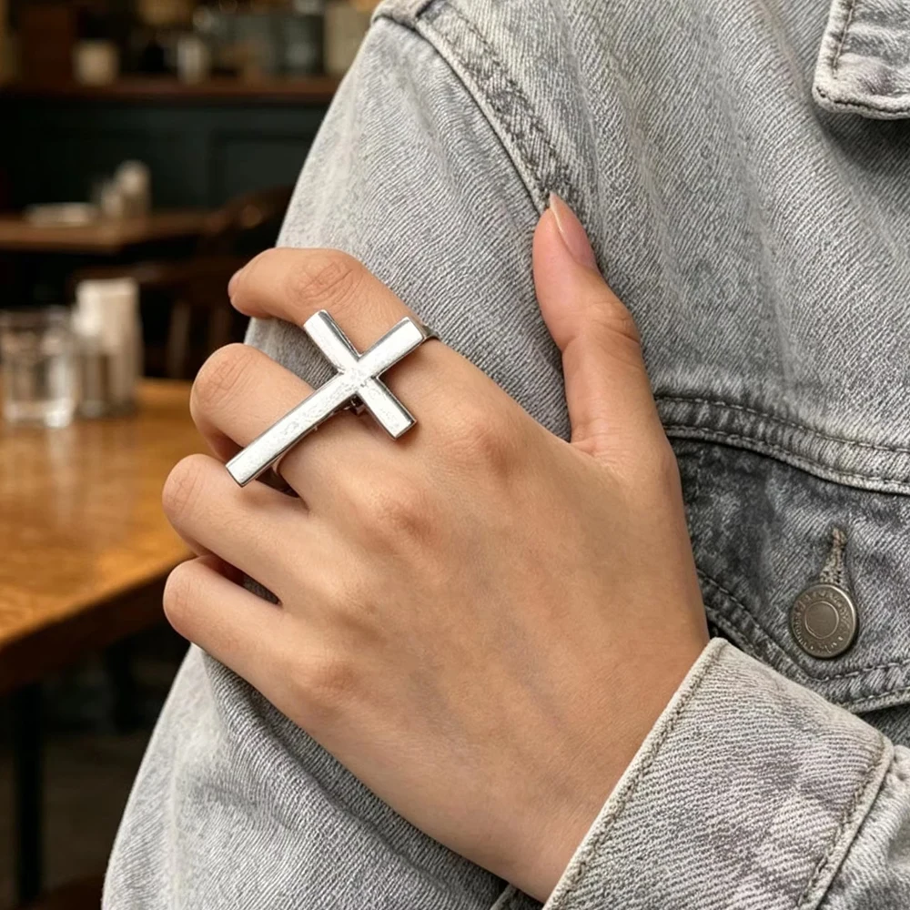 Punk Fashion Two Finger Cross Ring for Women Men Vintage Y2K Big Cross Open Ring Trendy Gothic Finger Rings Gifts For Halloween