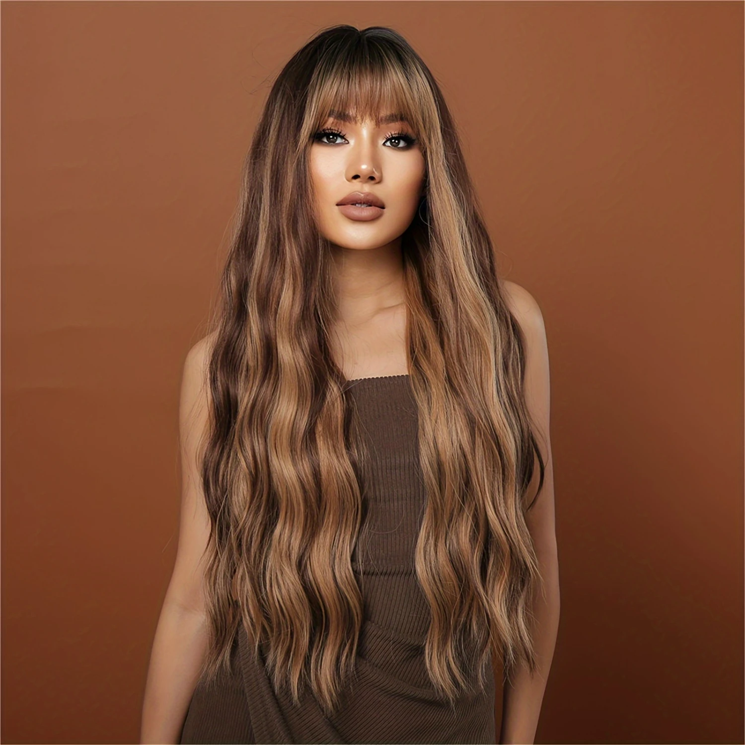 Brown Romantic Blend 32-Inch Synthetic Wig With Stylish Fringe Curls - Women's Glamorous Wig Ideal for Every Occasion