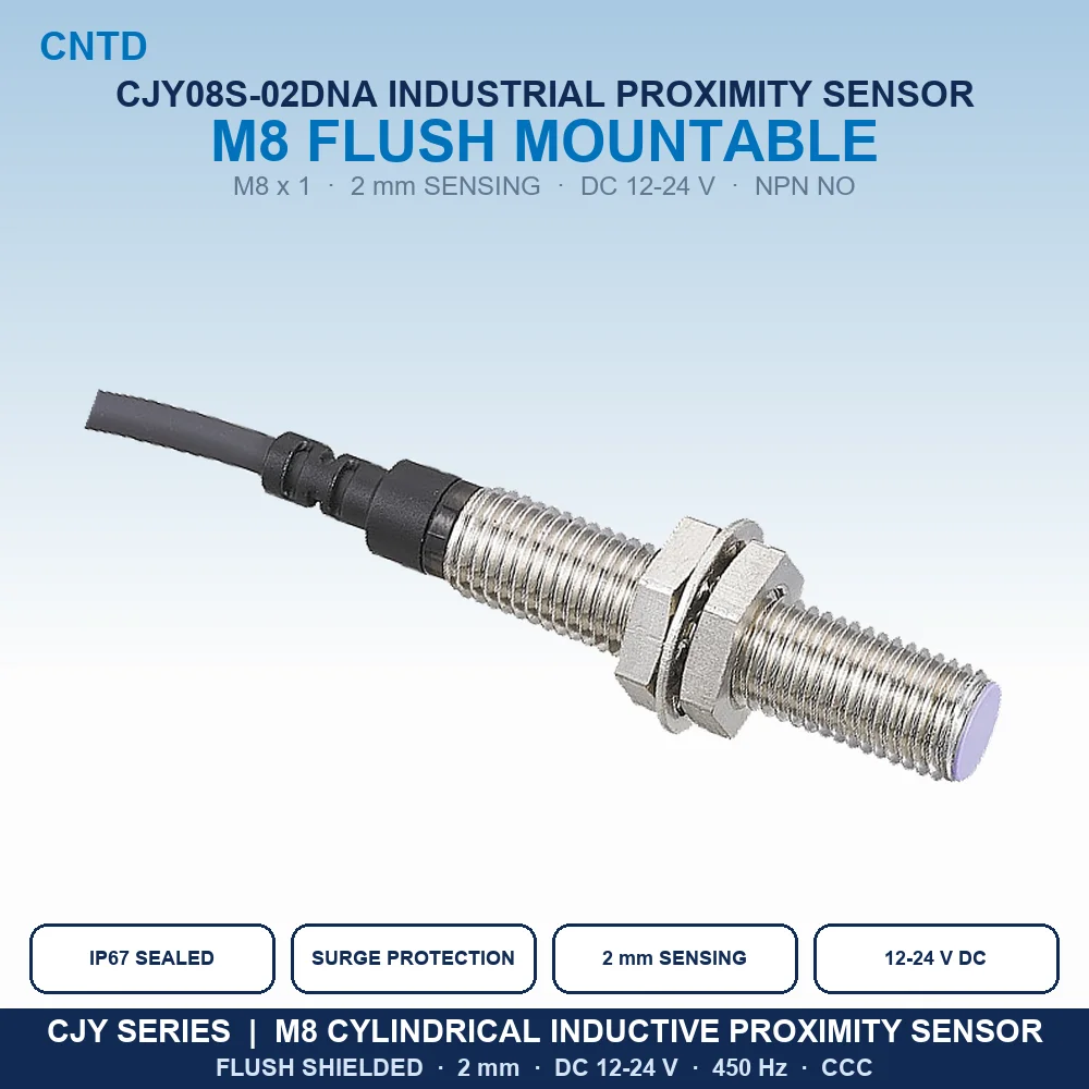 Inductive Proximity Sensor M8 Shielded NPN NO 3-Wire Flush 2mm IP67 Approach Switch DC12-24V 450Hz 2M Cable CJY08S-02DNA