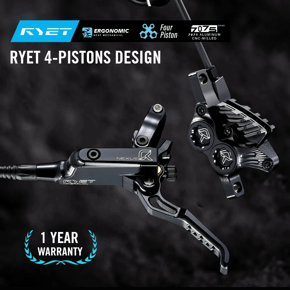 RYET 4-Kolben MTB Hydraulische Scheibenbremsen-Set für AM/DH/E-MTB CNC 7075-T6 Bremssattel, Hitzebeständig, 840/1550mm Mineralölschlauch
