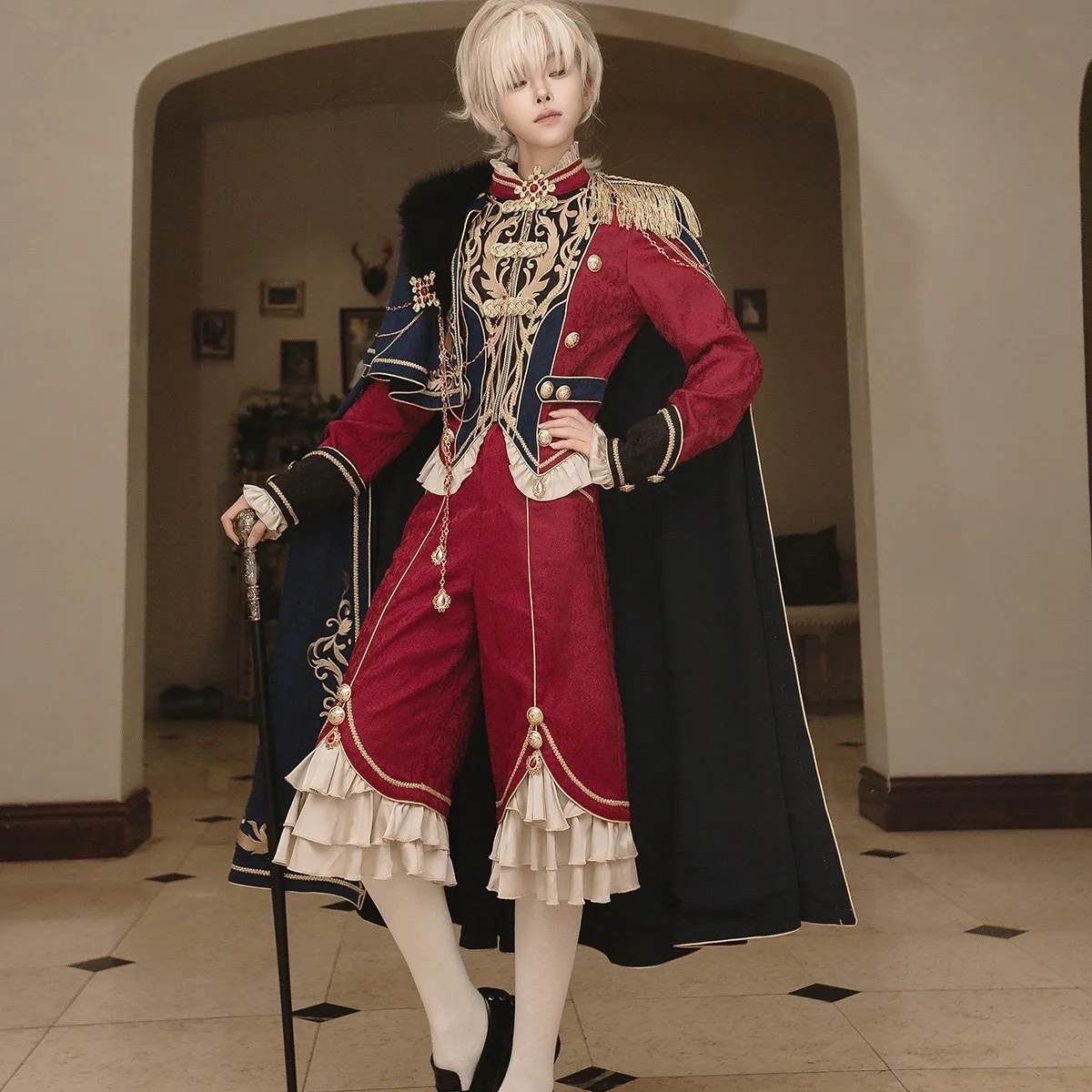 

Lolita Original Royal Glory Retro European Court Prince Dress Red And Blue Lo Gay Dress Cloak Lolita Top Pants Cloak Set