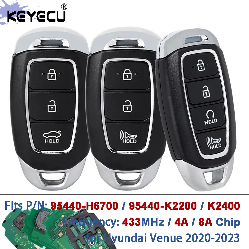 

KEYECU P/N: 95440-H6700, 95440-K2200, 95440-K2400 433MHz ID4A 6A Chip Keyless Smart Remote Key Fob for Hyundai Venue 2020-2023