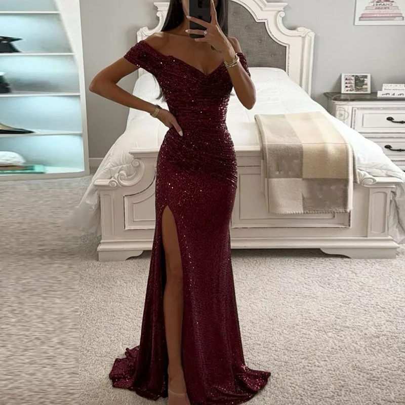 Women Slash Neck High Split Gown Evening Dress Sequins Sharkly Slim Hips Long Dress Spring Summer Off Shoulder Hollow Maxi Dress