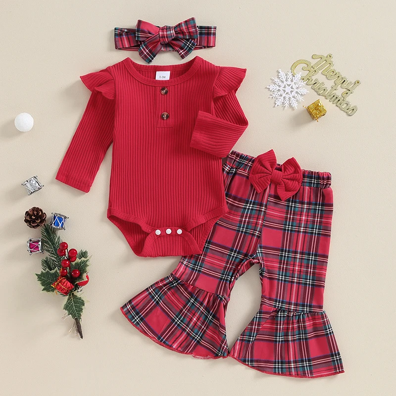 

Cute Baby Girl Winter Outfit Set with Long Sleeve Romper Plaid Flare Pants and Matching Headband for Christmas