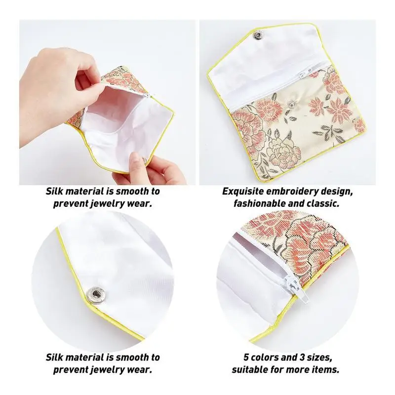 1-3 Pcs Rectangle Flower Pattern Brocade Zipper Jewelry Bag Gift Fine Packaging Bag Jewelry Bracelet Cloth Bag Packaging Display