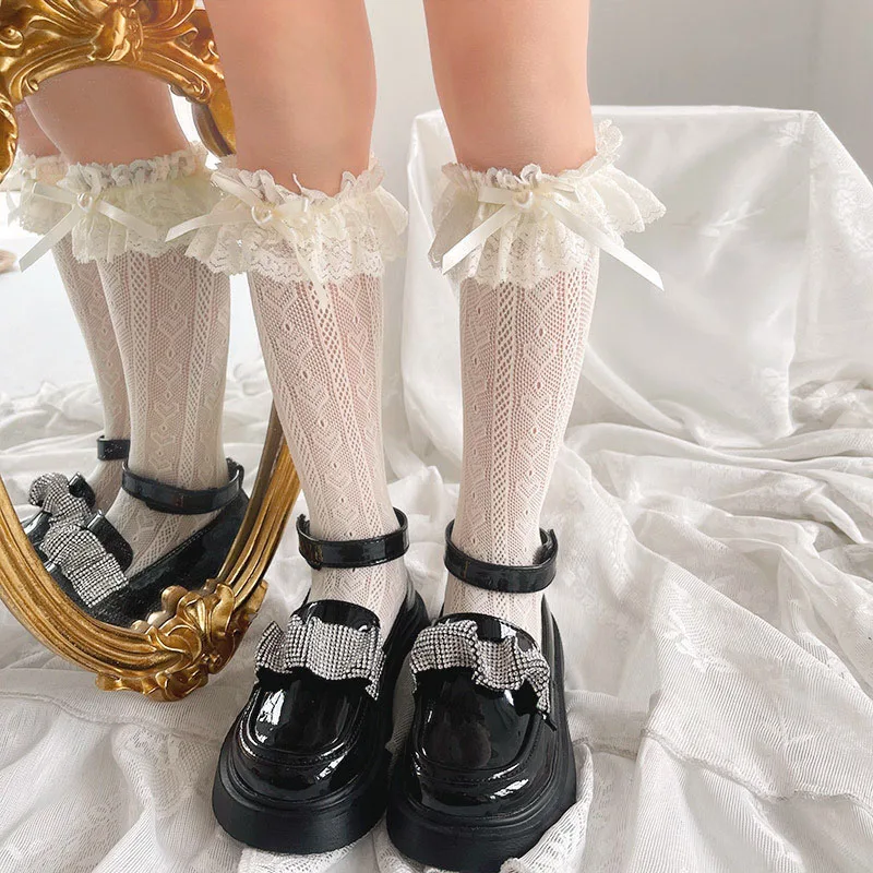 New Summer Children Girls Lace Socks 2-10T Thin Bow Love Baby Stacked Socks Solid Color Kids Knee-high Socks