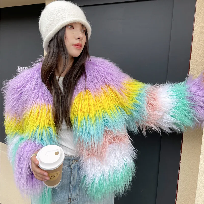 Women Faux Shearling Fur Coats Spliced Fur Jacket Color Blocked Cotton Linen Round Neck Long Sleeve Streetwear Loose 2026 Winter