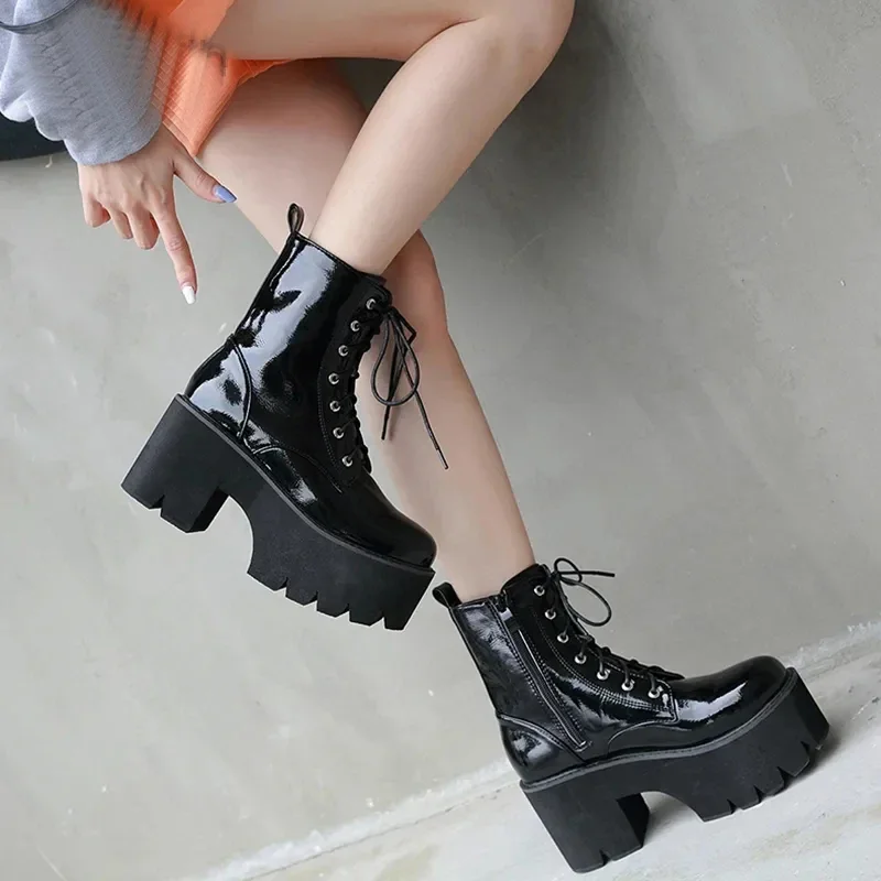 Woman Lace Autumn Boots Womens Ladies Chunky Wedge Platform Black Patent Leather Ankle Boots Punk Goth New Arrival