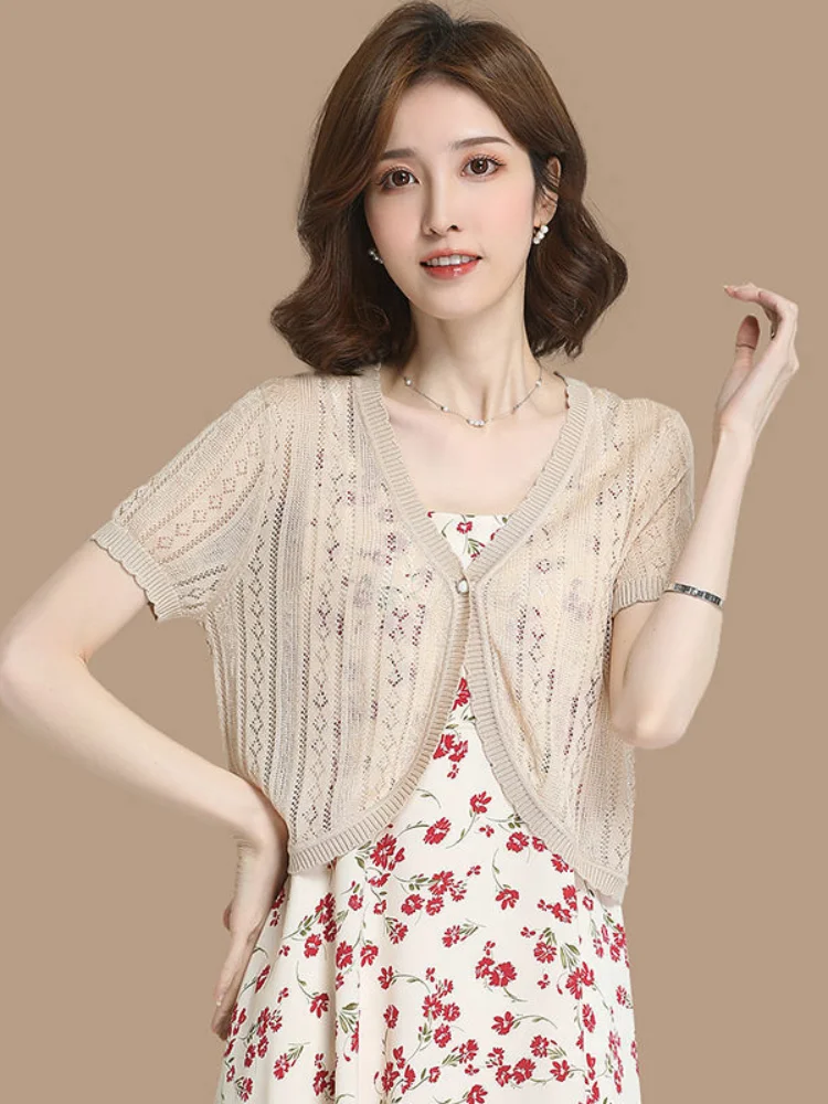 

Ice Silk Knitted ort Open Cardigan Women's Mid-Sve Thin Summer Outerwear for Dres Sun Protection Clothing Fem