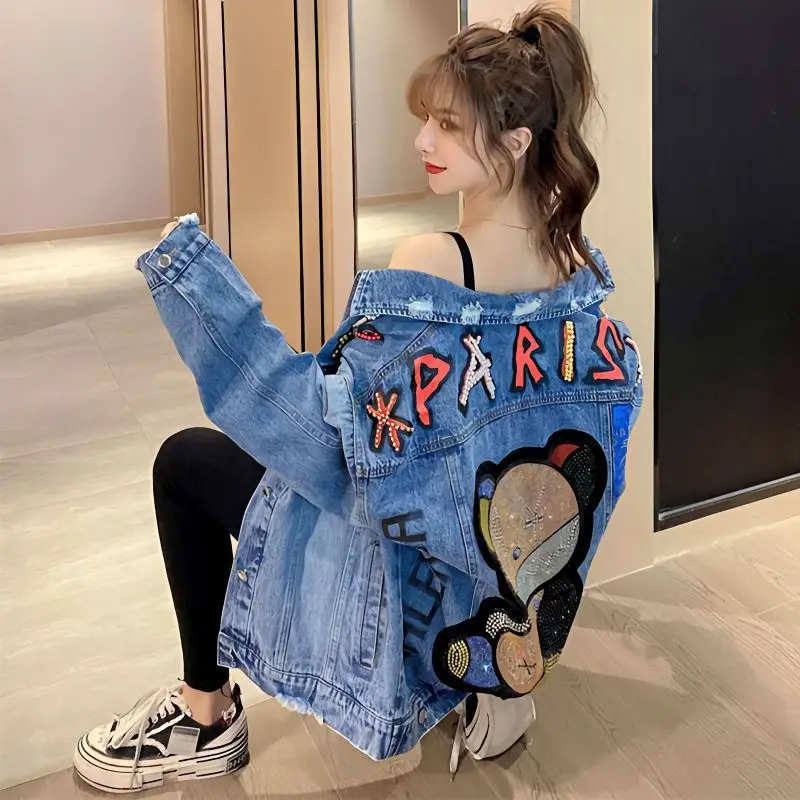 Women New Fashion Beading Heavy Printing Bear Patterned Denim Jacket Coat Ladies Casual Loose Trend Hole Jean Jackets Outerwear