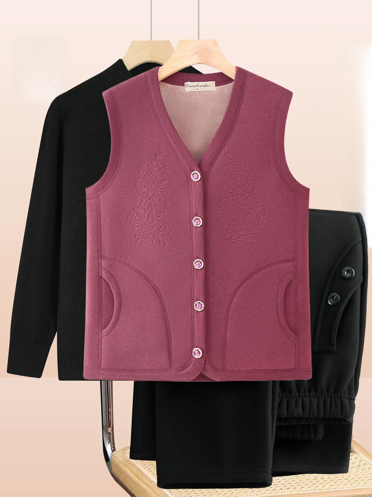 

Thiened Fce Vest Autumn Winter Outerwear for ly Women Commuter Sle Loose Fit Long Pants V Ne Single Button Closure