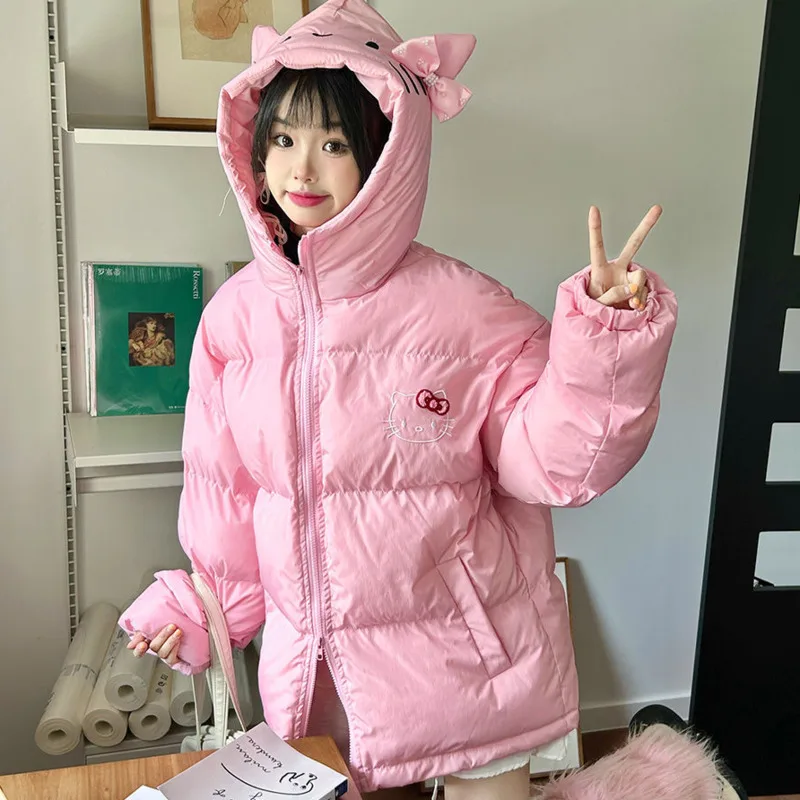 MINISO Hooded Hellokitty Y2k Cotton Coats Girls Kitty Ear Decor Kawaii Zipper Jacket Cute Cartoon Warm Oversized Coats For Women