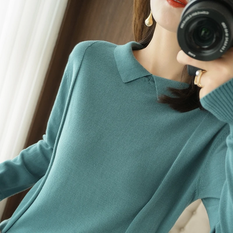 Women's Pullover Spring/Autumn New Style 100% Cotton Sweater Casual Solid Knitwear Ladies' Tops Loose Doll Collar Basic Blouse