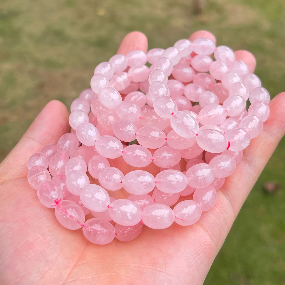 Natural Pink Crystal Oval Bead Bracelet Pink Crystal Gemstone Stretch Bracelet Fashion Gift for Women Men Handmade 16 Beads