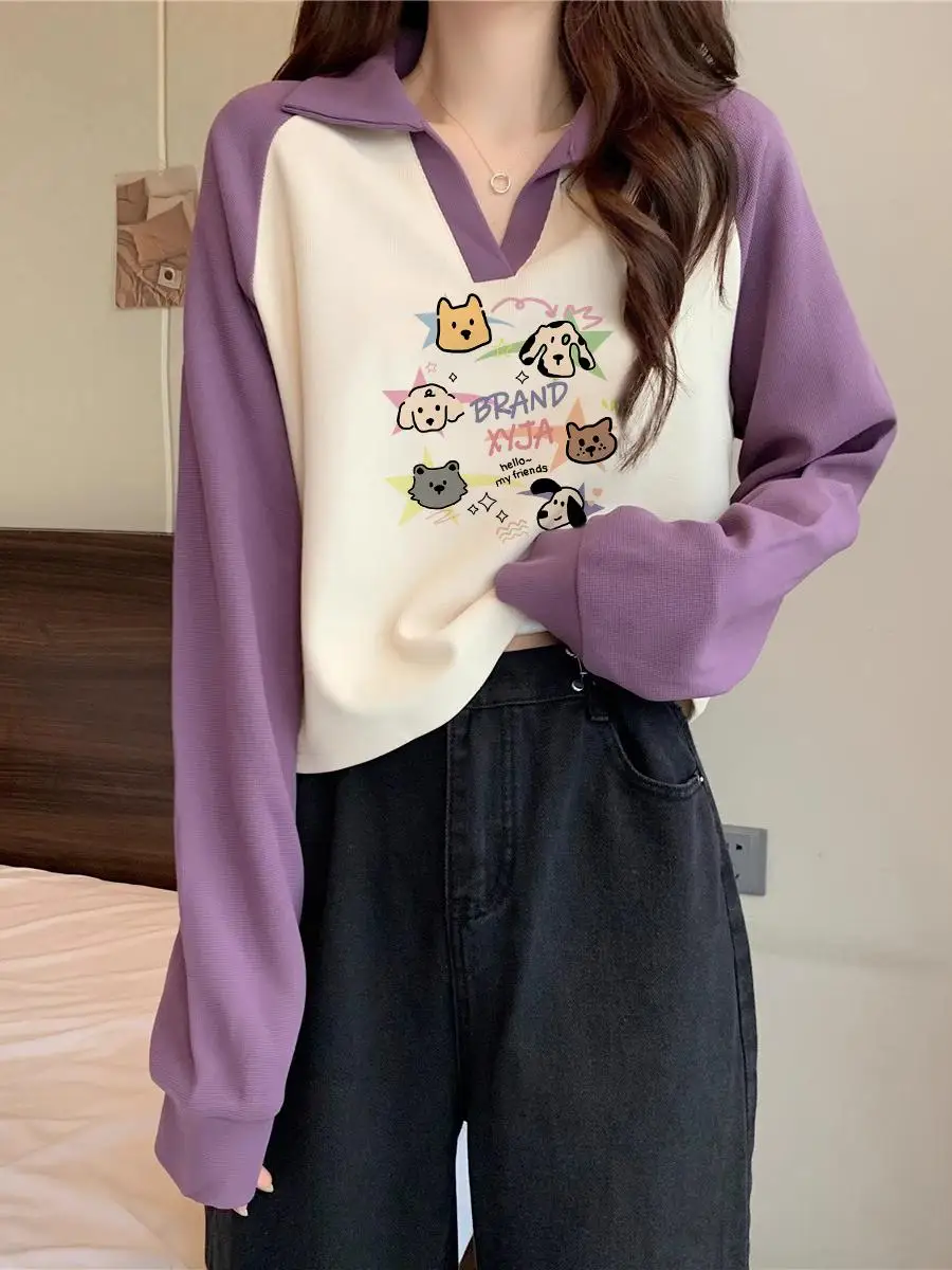 Autumn and Winter Loose Short Long sleeve Top Super Popular  Unique Fashion Polo Collar Purple Raglan Hoodie Girls