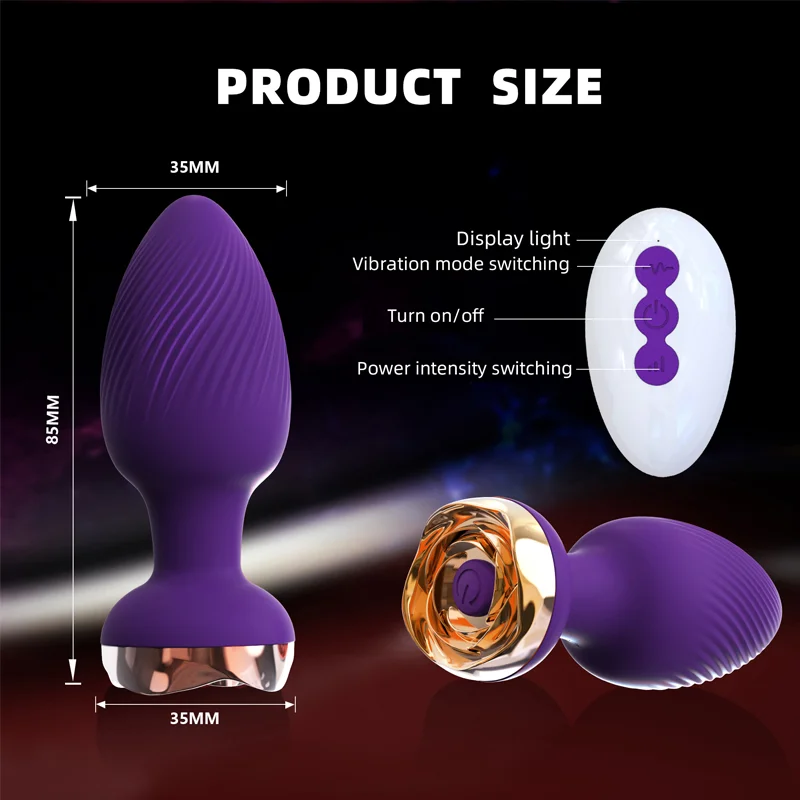 Anal Sex Toy Rose Vibrator for Women Remote Control Butt Plug with 10 Modes Vibrating Prostate Massager Silicone Stimulator