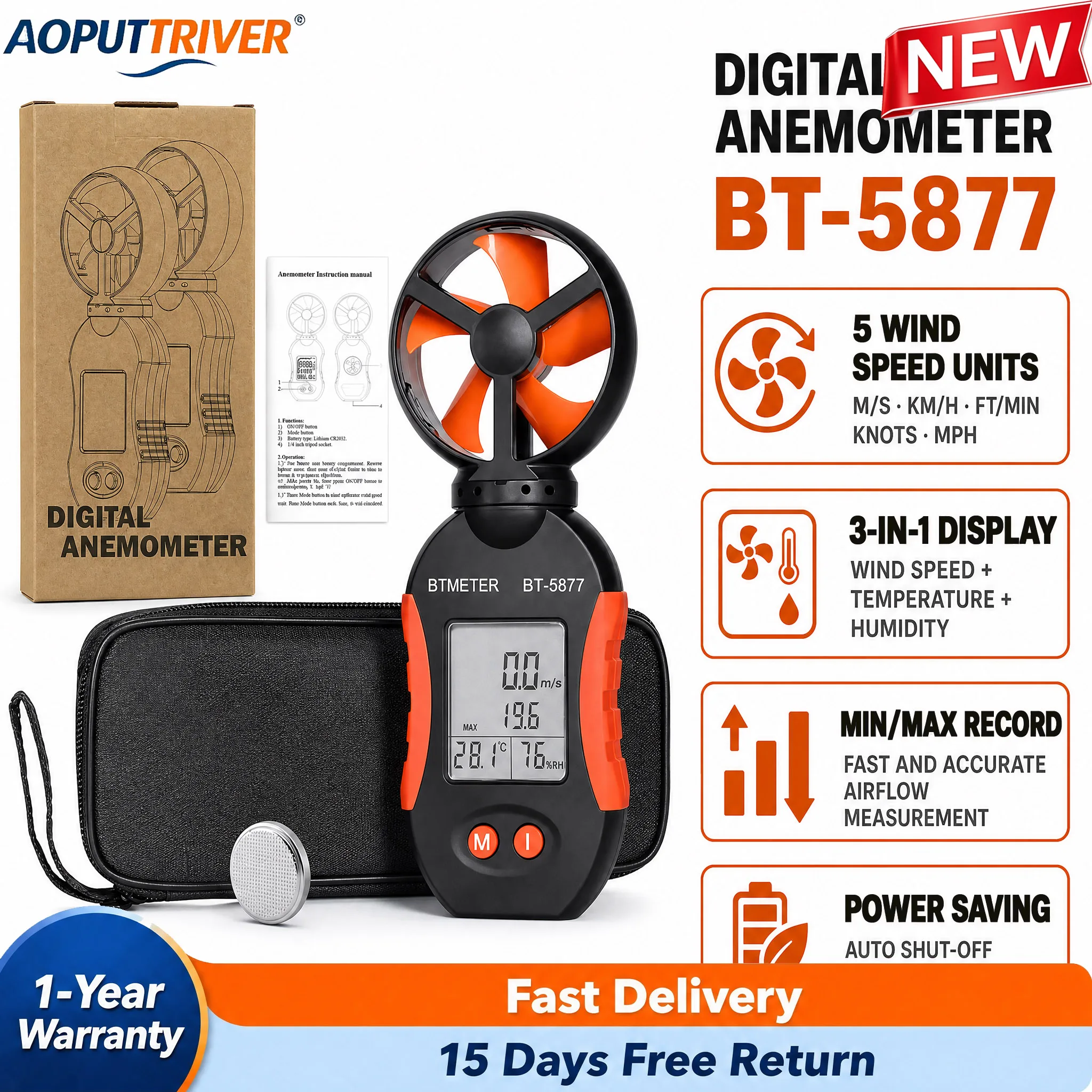Digital Anemometer Handheld Wind Speed Meter Temperature Humidity Tester Portable Wind Gauge MAX MIN m/s km/h Knots MPH Foldable
