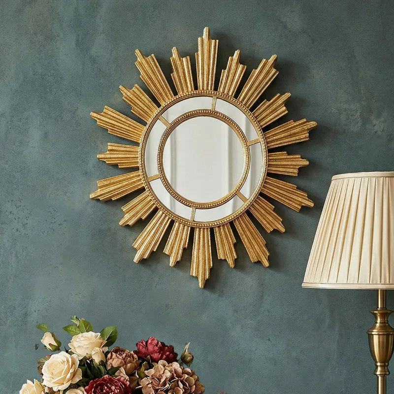 American Golden Sunflower Hanging Mirrors Light Luxury Porch Background Wall Art Mirror Living Room Wall Decorative Mirrors