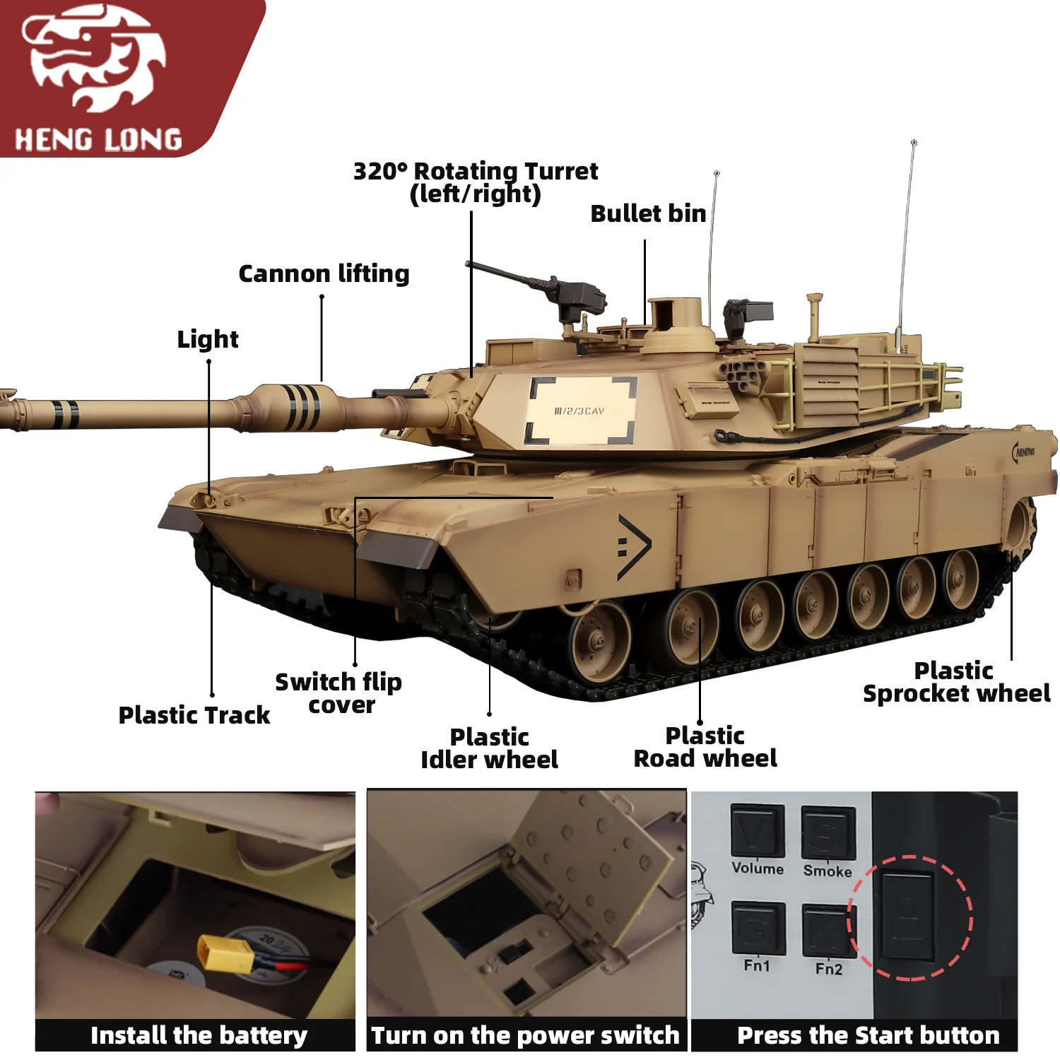 헹롱 RC 탱크 1/16 미국 M1A2 에이브람스 주력 탱크 모델(풀 플라스틱 기본 버전) & 320 °   회전식 포탑 & TK7.0) No.3918