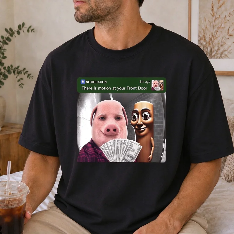 John Pork and Tung Tung Tung Sahur Front Door Motion Funny T-Shirt Humorous Meme Graphic Tee Cotton Harajuku Y2k Top