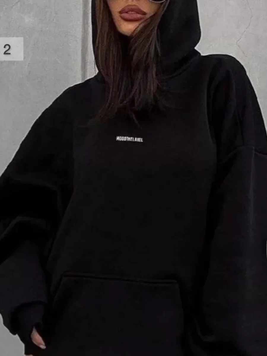 Damska bluza z kapturem Street Sle Loose Fit z nadrukiem liter, wysokiej jakości, codzienna, wygodna, z długim rękawem, średniej długości.