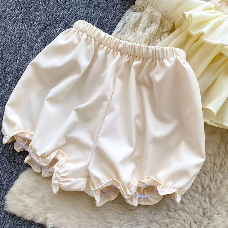 Fairycore Lace Chiffon Dresses With Stretch Shorts Pearl Button Bow Female Ruffles Sheer Seaside Holiday Mini Dress