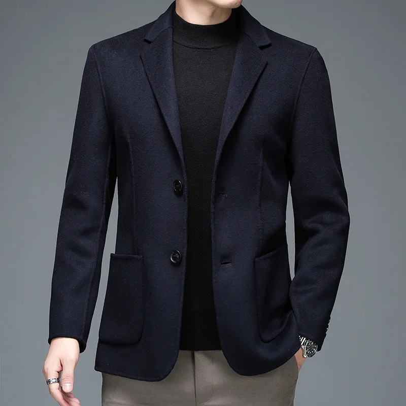 

2023 Winter Men Cashmere Coat Notched Collar Design Overcoat Black Navy Gray Coffee Sheep Wool Outfits Male Elegant Garment