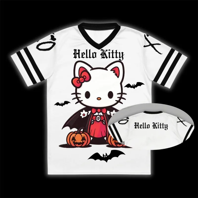 

New Sanrio Halloween Hello Kitty Pumpkin 3D Printed T-shirt V-neck Loose Fashion Short Sleeve Sports Breathable Quick-drying Top