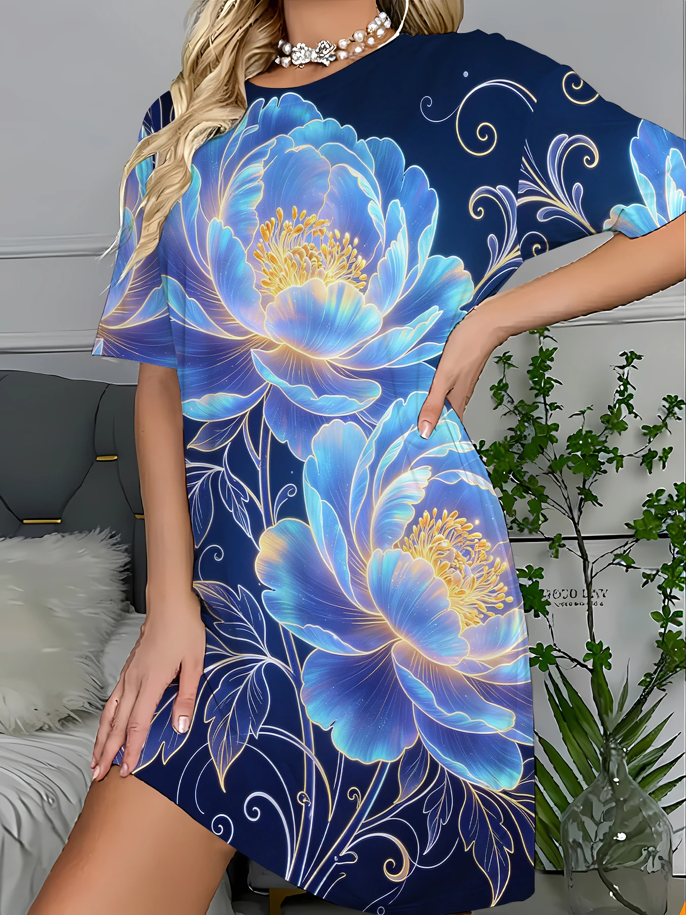 Women's All-Over Print Sleep T-Shirt Dress Casual Summer Nightgown