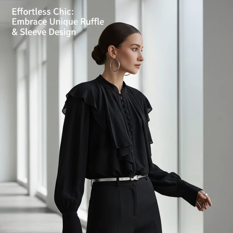 

Elegant Women's Chiffon Ruffle Blouse Long Sleeve Slim Fit Office Shirt Solid Color High Neck Button Top Stylish Autumn Outfits