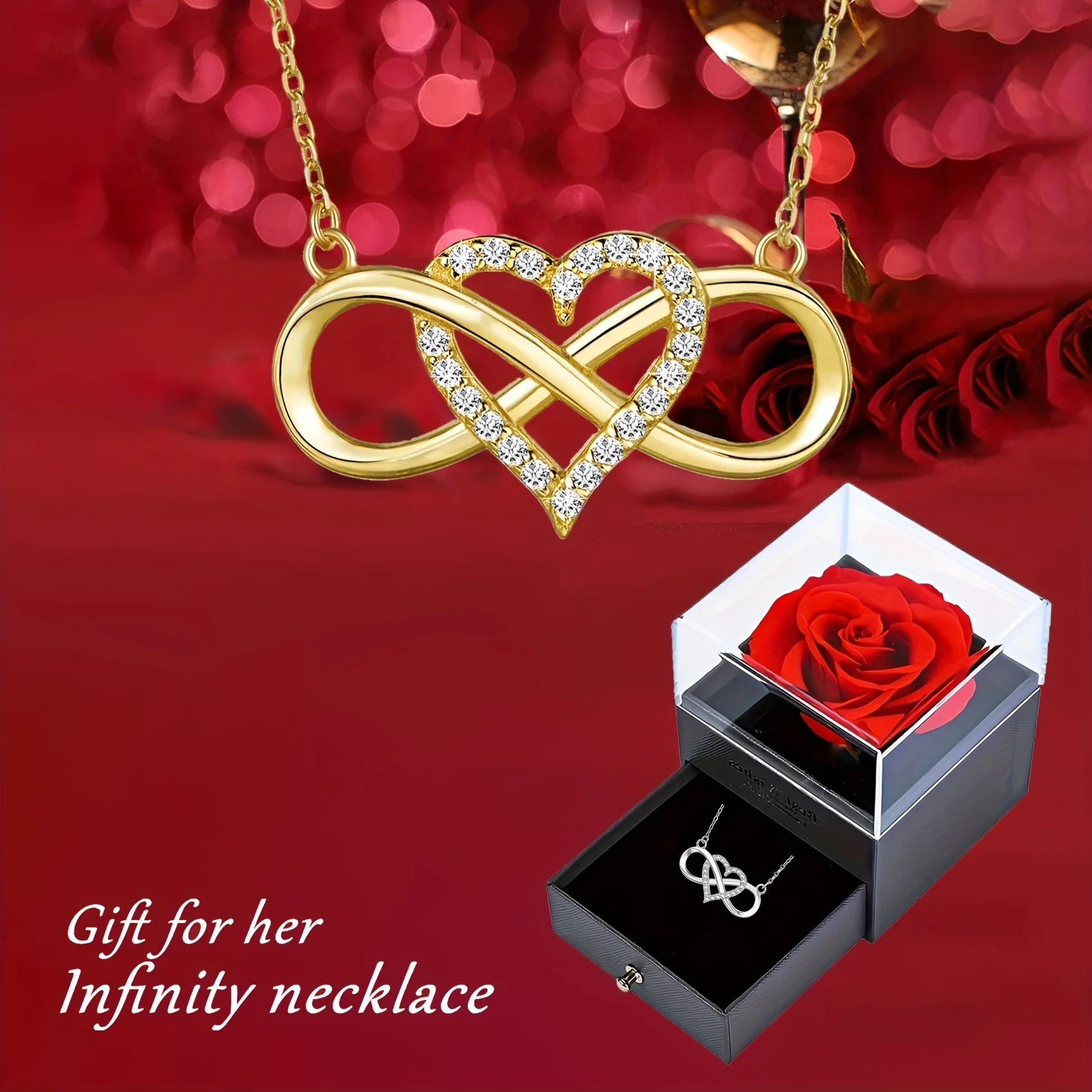 Collier pendentif élégant en forme de cœur infini, avec boîte-cadeau de roses de luxe, pour petite amie, femme, cadeau d'anniversaire de noël, de saint-valentin