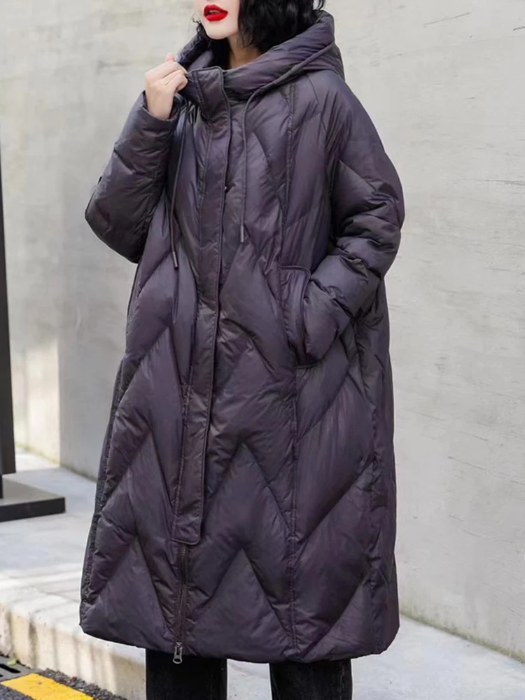 LANMREM Winter Warm Long Down Coat For Women Hooded Loose Solid Color Zipper Loose Fit Clothing Fashion Female 2024 New 2VV245