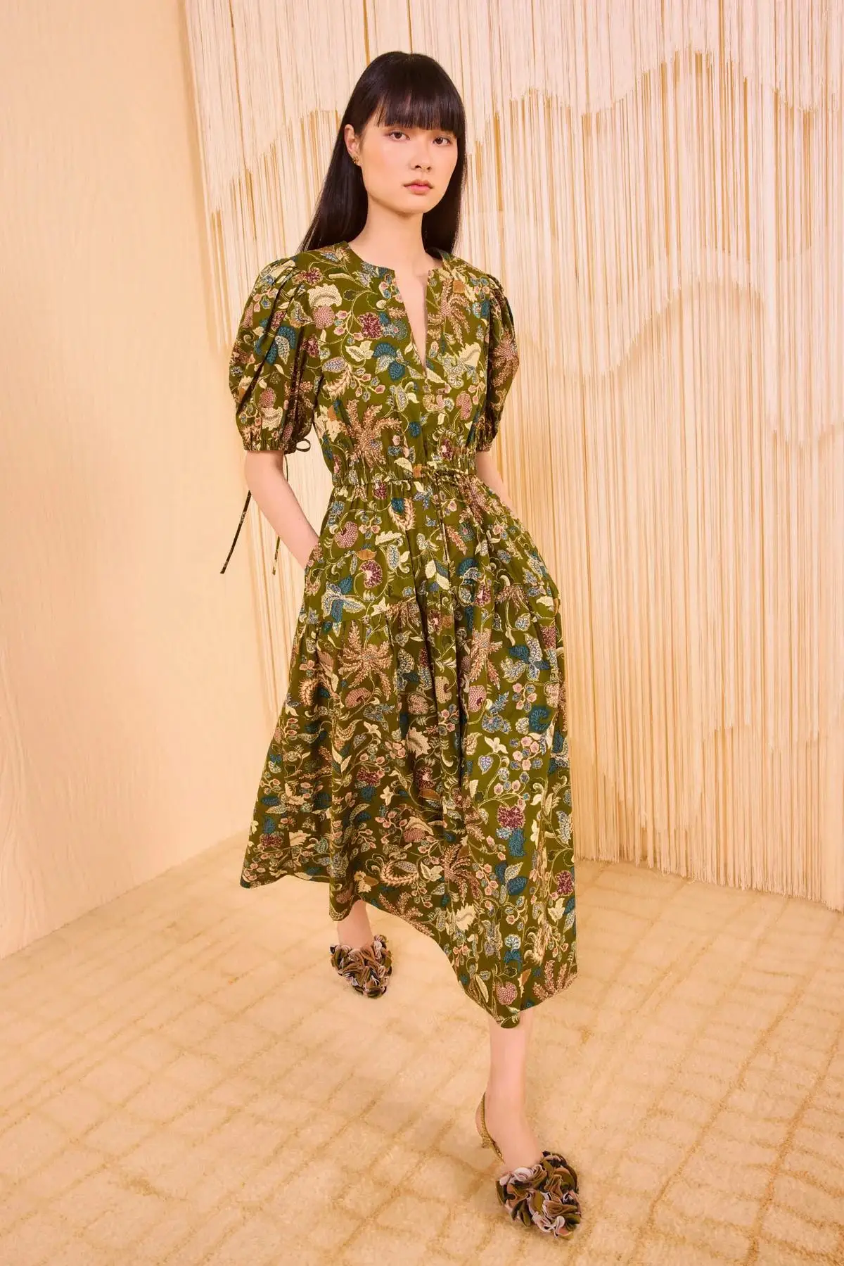 

100% Cotton Women Retro Midi Dress Puff Sleeve Round Neck Elastic Waist Elegant Ladies Robe