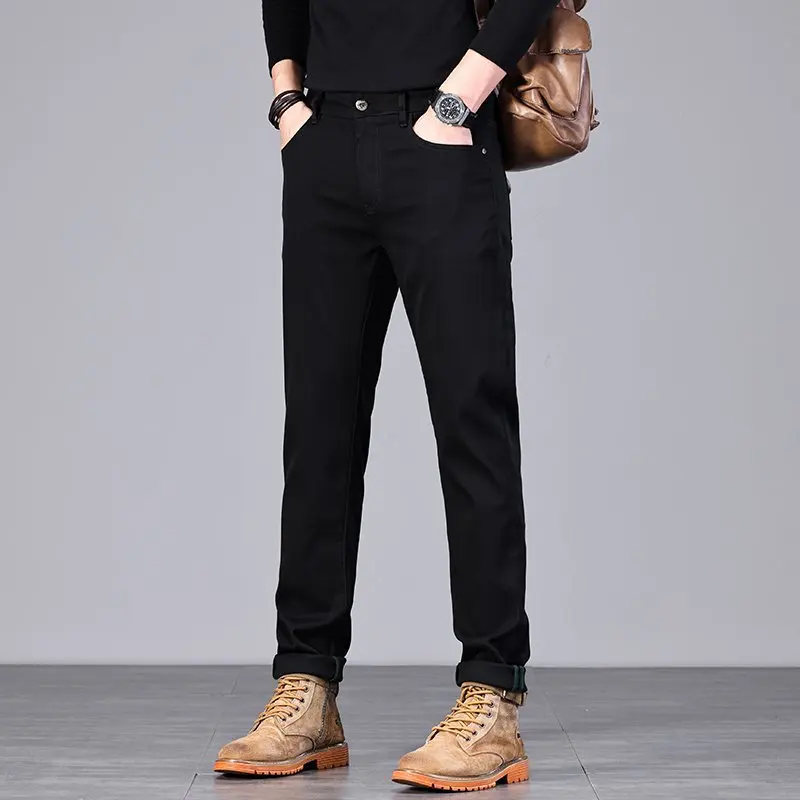 Летние черные джинсы, мужские элитные легкие роскошные модные эластичные маленькие повседневные брюки прямого кроя