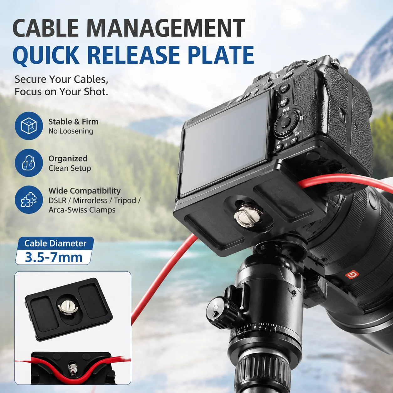 Camera Tether Cable Clamp Block Curve Tether with Arca Quick Release Plate Protector Tools for Camera Tripod Ball Head Accessory
