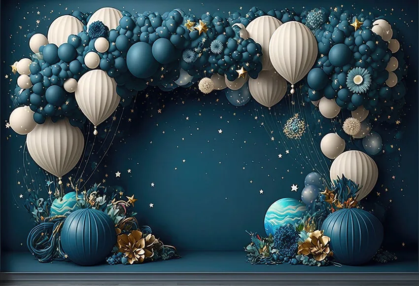 Mehofond 사진 배경 블루 풍선 꽃 스타, 아이 생일 파티 케이크 스매쉬 초상화 장식 배경, 사진 스튜디오