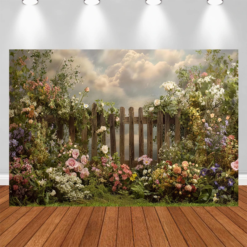 

LS Spring Photography Background Garden Fence Floral Decor Birthday Cake Smash Adult Child Portrait Photo Backdrop Studio