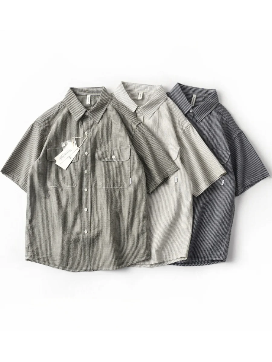 

Casual Loose ort Sve Bubble irt Men's Summer New Sle Thin Cotton Workwear irt Trendy Brand Stripe Pattern