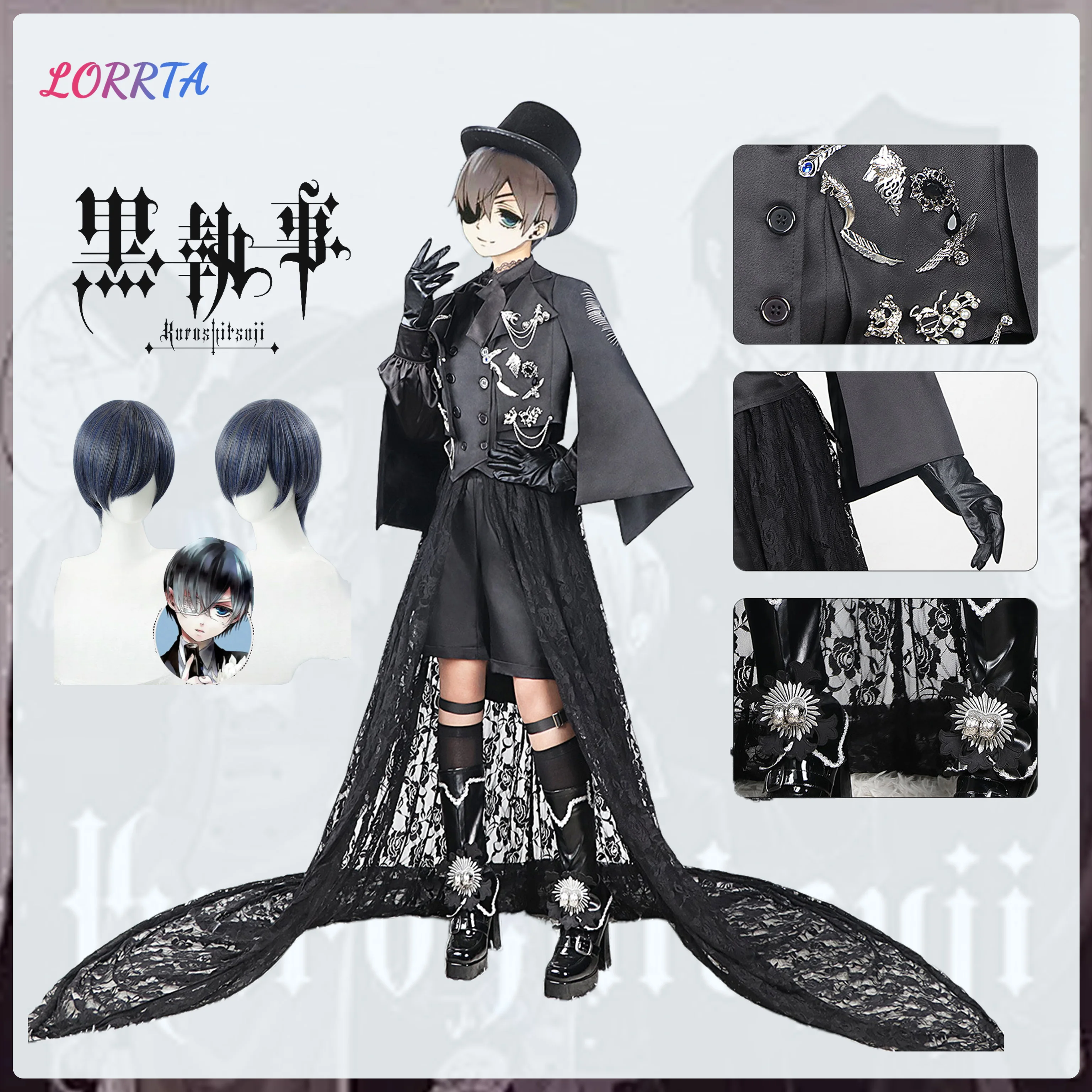 

Anime Black Butler Kuroshitsuji Cosplay Ciel Phantomhive Cotumes 15th Anniversary Black Suits Wig Coat Hat Adult Dress Hallowen