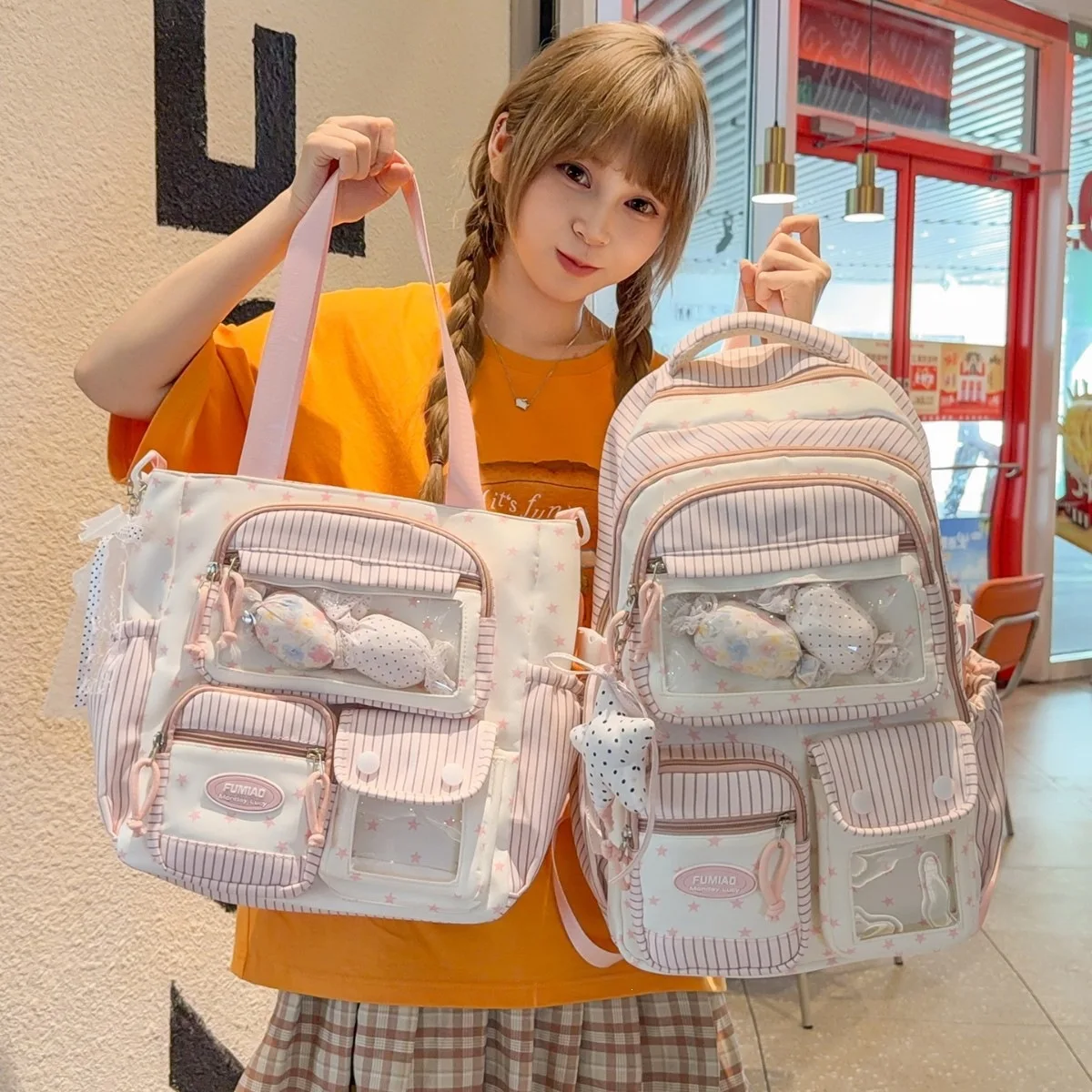 大容量スターストライプダブルショルダーバッグジュニアおよび高校生女子用二次バックパック小学校ブックバッグ