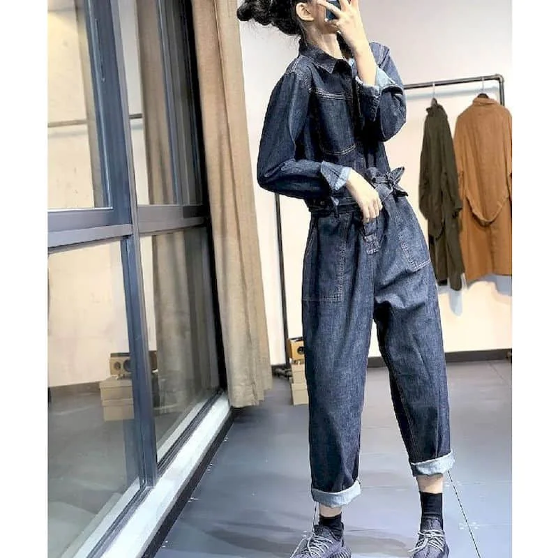 Damski kombinezon dżinsowy oversize z paskiem, długi rękaw, wysoki stan, nowa moda, topy, casualowy strój jednoczęściowy. — zdjęcie 3