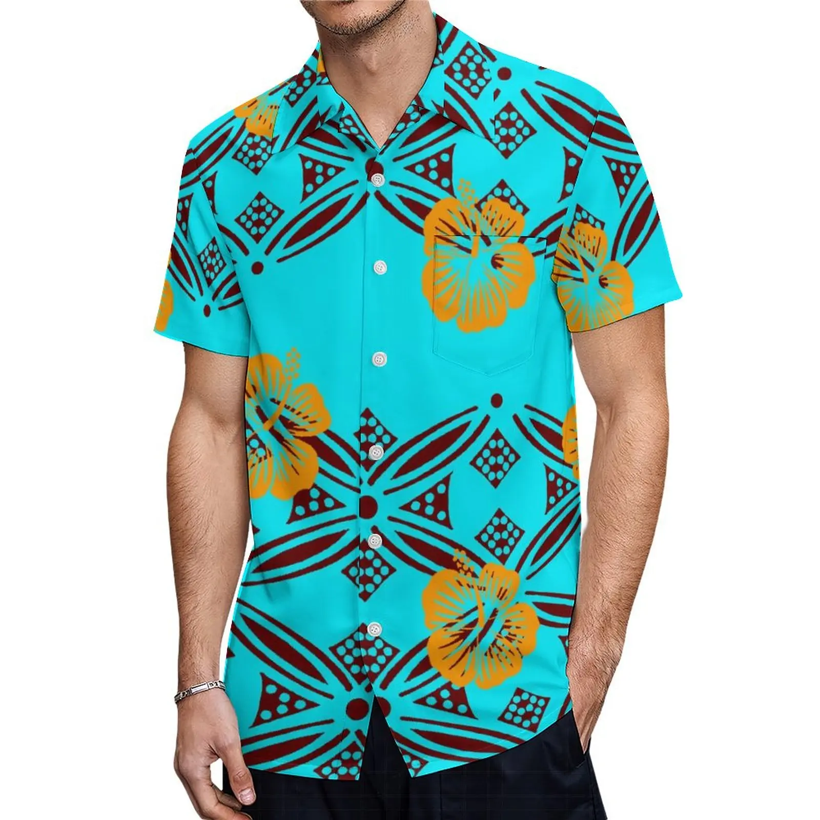 Samoana-Vestido largo de cuello redondo para mujer, conjunto de camisa azul con estampado de diseño de la tribu polinesiana para hombre