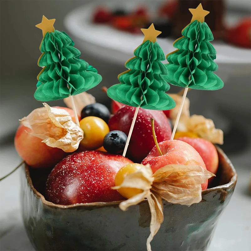 10Pcs Christmas Tree Cupcake Topper Honeycomb Paper Straw 2024 Christmas Party Cake Decoration 2025 New Year Food Fruit Picks