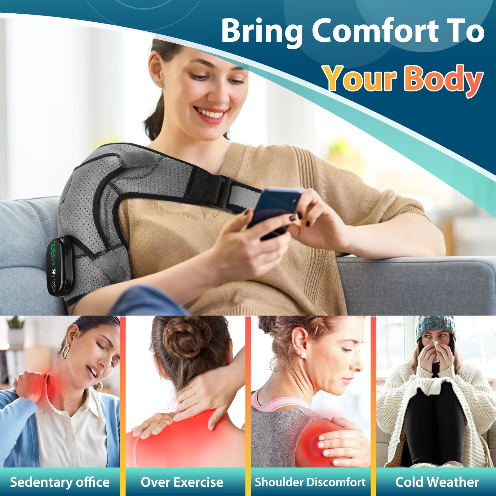 Electric Heating Shoulder Massage Pad, 3-speed Adjustable Heated Back Shoulder Brace, Shoulder & Neck Knee Massage Belt