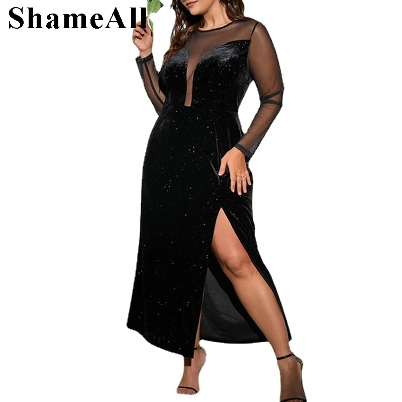 

Plus Size Through Out Mesh Patchwork Velvet Long Sleeve Dress 4XL Wome Sexy High Slit Dresses