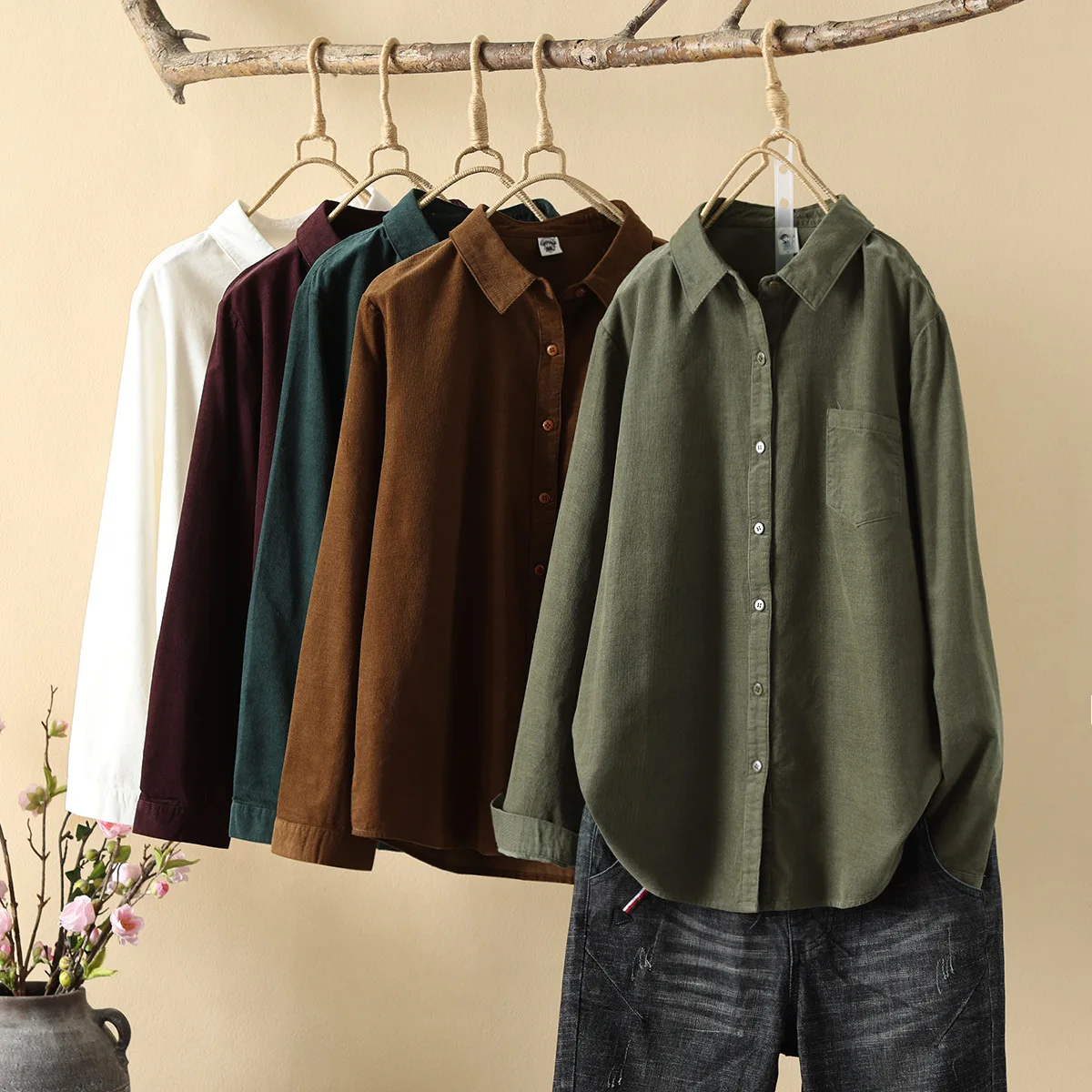 Vintage Corduroy Blouses Women 90s Oversized Japanese Style Casual Autumn Long Sleeve Shirts Cardigan Harajuku Fashion Tops