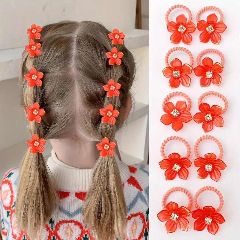 10pcs Girls Elastic Hair Bands with Rhinestone And Flower Decorations High Elasticity Durable Hair Ties for Outdoors And Braidin