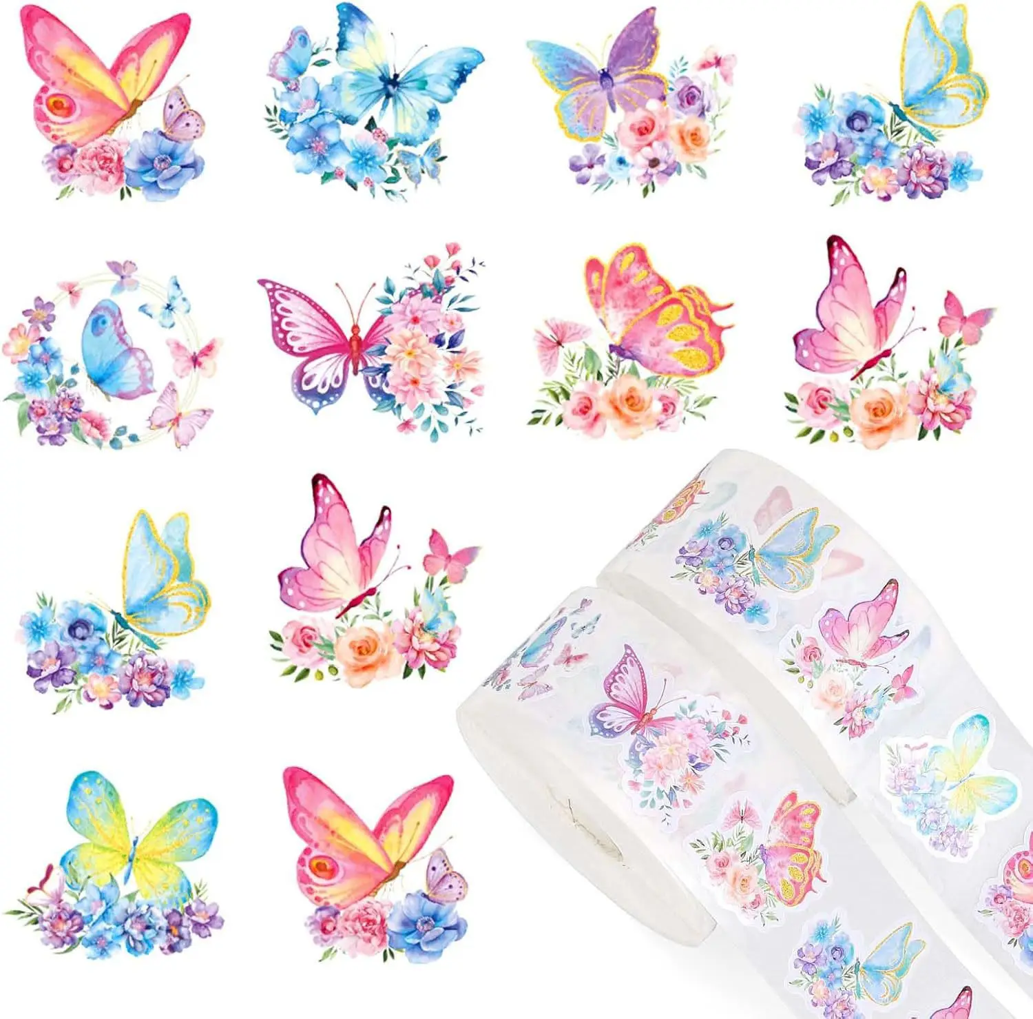 500 Piezas de Rollos de Pegatinas de Mariposas y Flores, 8 Diseños, Calcomanías Coloridas de Mariposas, Flores Decorativas, Pegatinas Lindas, Decoración para Fiestas